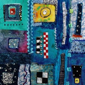 "Serendipity in Blue", 6" x 6" fiber collage on panel by Jo-Ann Jensen